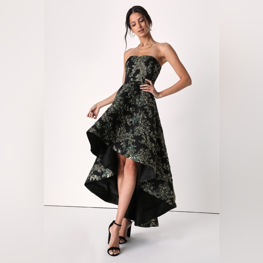 Lulu’s All Romance Green Floral Jacquard Strapless High-Low Dress